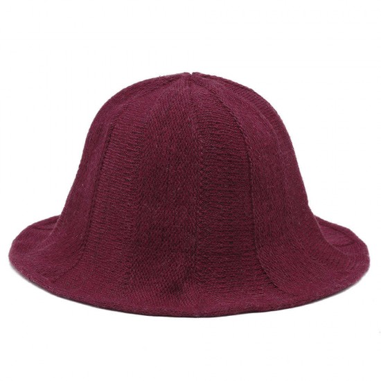 Women Korean Retro Solid Knit Fisherman Hat Winter Warm Wool Wide Brimmed Bucket Cap