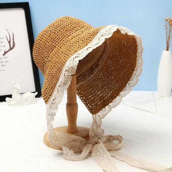 Women Lace Brim Foldable Sunscreen Bucket Straw Hat Outdoor Casual Travel Beach Sea Floppy Hat