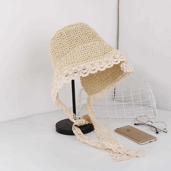 Women Lace Brim Foldable Sunscreen Bucket Straw Hat Outdoor Casual Travel Beach Sea Floppy Hat