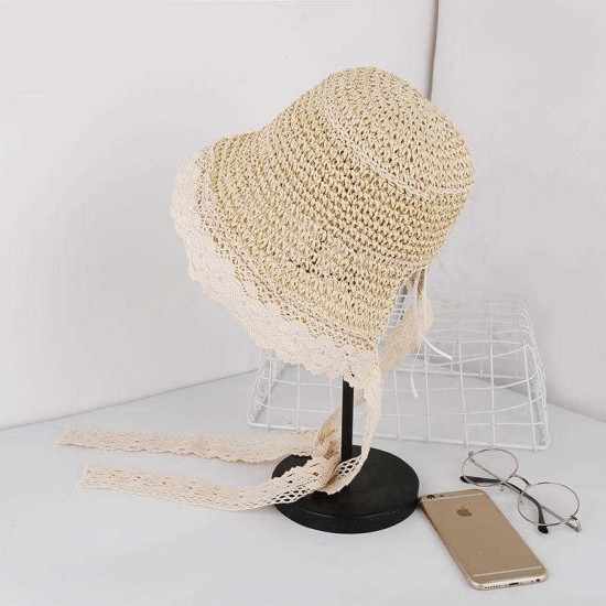 Women Lace Brim Foldable Sunscreen Bucket Straw Hat Outdoor Casual Travel Beach Sea Floppy Hat