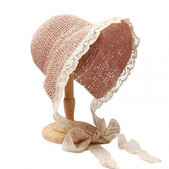 Women Lace Brim Foldable Sunscreen Bucket Straw Hat Outdoor Casual Travel Beach Sea Floppy Hat