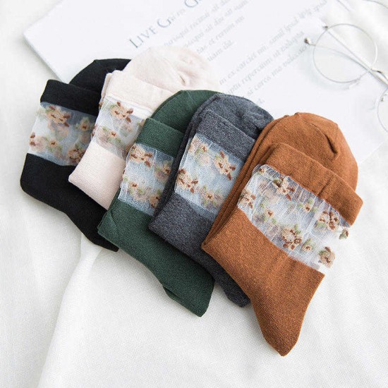 Women Lace Cotton Floral Embroidered Boat Socks Outdoor Breathable Ankle Sock