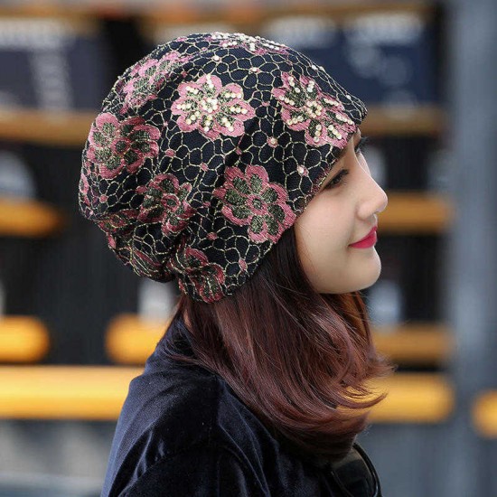 Women Lace Flower Rhinestone Breathable Skullies Beanie Caps Casual Eastic Adjustable Soft Hat