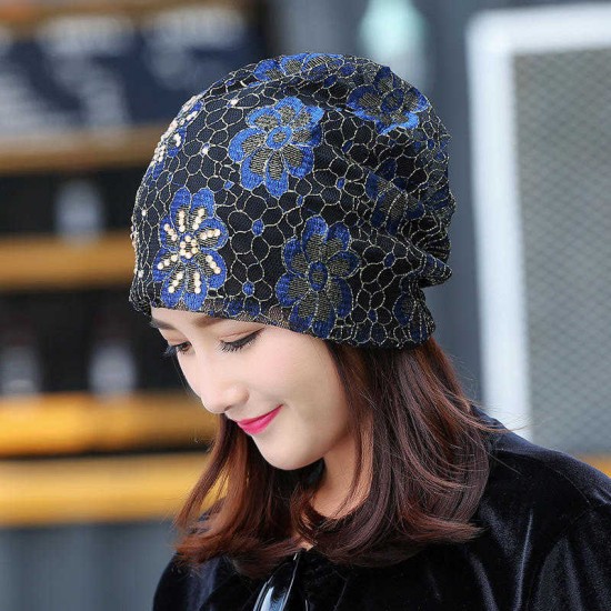 Women Lace Flower Rhinestone Breathable Skullies Beanie Caps Casual Eastic Adjustable Soft Hat