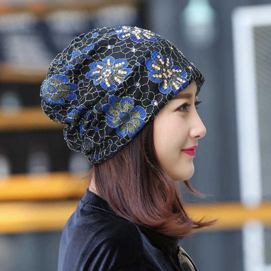 Women Lace Flower Rhinestone Breathable Skullies Beanie Caps Casual Eastic Adjustable Soft Hat