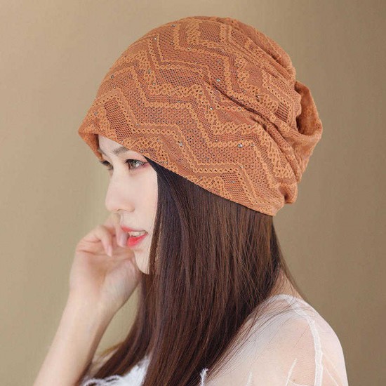 Women Lace Hollow Out Breathable Thin Casual Beanie Cap Vintage Earmuffs Flexible Bonnet