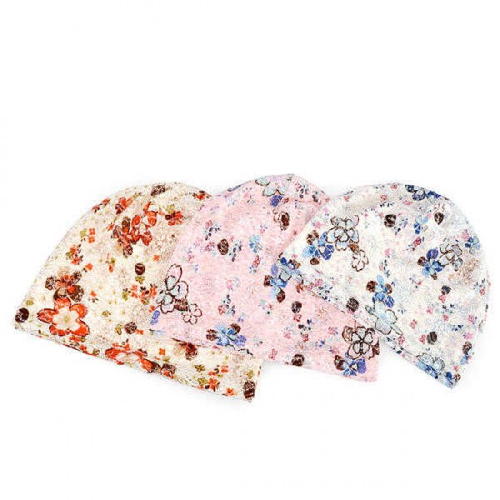 Women Lace Jacquard Beanie Hat Cotton Bonnet Flower Print Casual Autumn Windproof Cap