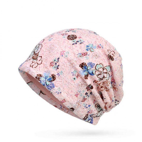 Women Lace Jacquard Beanie Hat Cotton Bonnet Flower Print Casual Autumn Windproof Cap