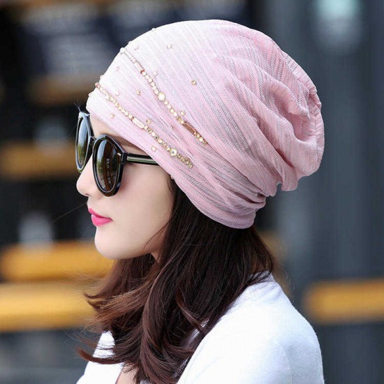 Women Lace Stripped Rhinestone Skullies Beanie Caps Casual Soft Elastic Bonnet Hat