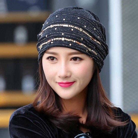 Women Lace Stripped Rhinestone Skullies Beanie Caps Casual Soft Elastic Bonnet Hat