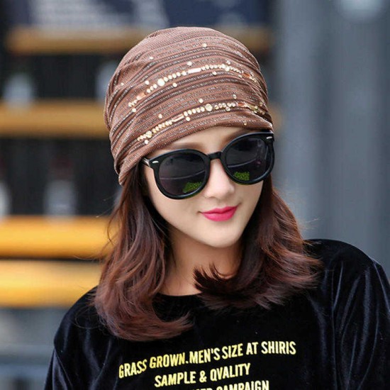 Women Lace Stripped Rhinestone Skullies Beanie Caps Casual Soft Elastic Bonnet Hat