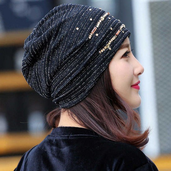 Women Lace Stripped Rhinestone Skullies Beanie Caps Casual Soft Elastic Bonnet Hat