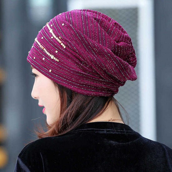 Women Lace Stripped Rhinestone Skullies Beanie Caps Casual Soft Elastic Bonnet Hat