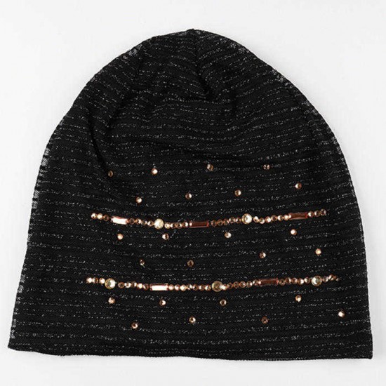 Women Lace Stripped Rhinestone Skullies Beanie Caps Casual Soft Elastic Bonnet Hat