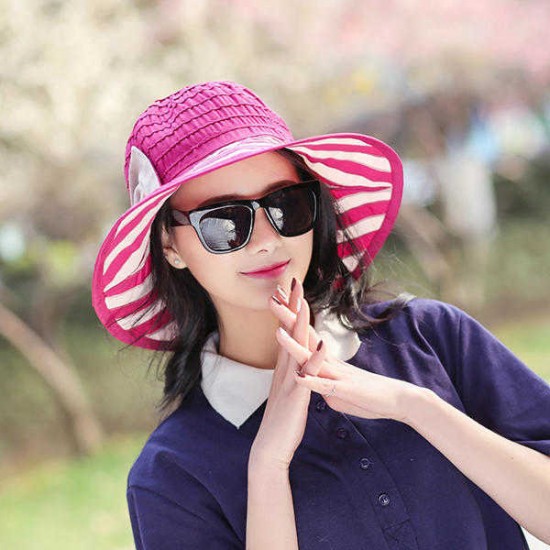 Women Ladies Bow-knot Wide Brim Beach Sun Hat Summer Outdoor Travel Anti-UV Visor Bucket Hat