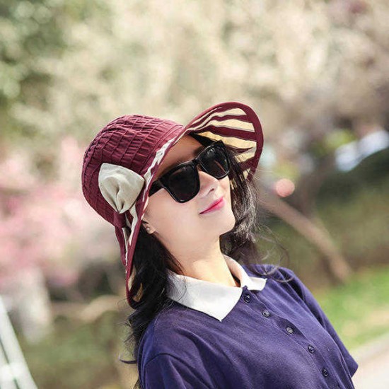 Women Ladies Bow-knot Wide Brim Beach Sun Hat Summer Outdoor Travel Anti-UV Visor Bucket Hat