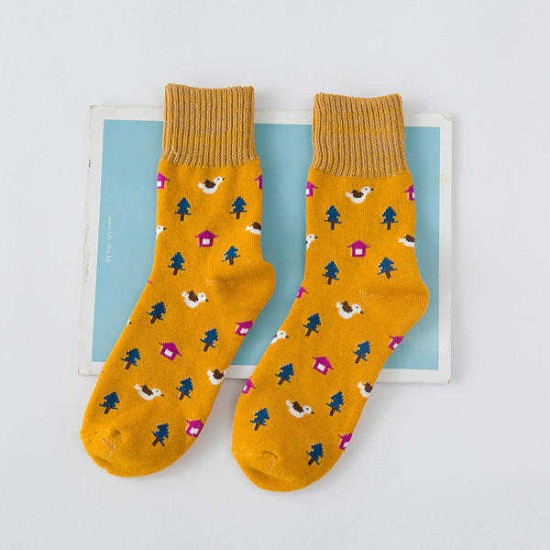 Women Ladies Cartoon Tree Printed Cotton Socks Harajuku Style Design Mid Calf Hosiery