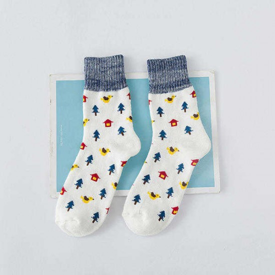 Women Ladies Cartoon Tree Printed Cotton Socks Harajuku Style Design Mid Calf Hosiery