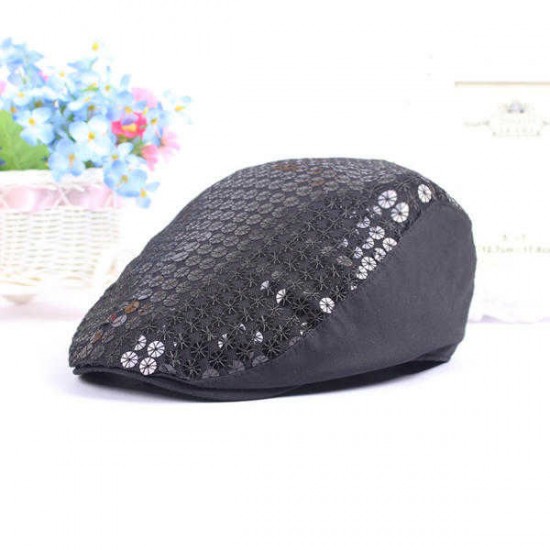 Women Ladies Cotton Flickering Sequin Embroidery Cap Metal Button Beret Hat