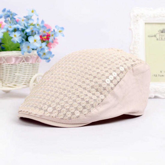 Women Ladies Cotton Flickering Sequin Embroidery Cap Metal Button Beret Hat