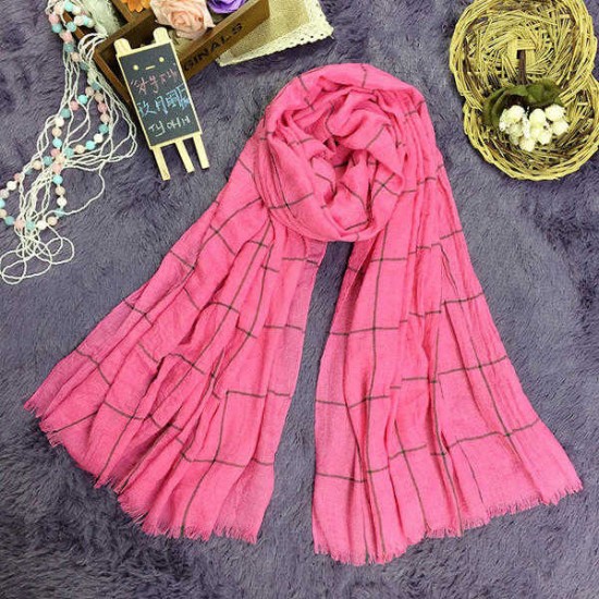 Women Ladies Cotton Linen Blank Grid Scarves Tassel Warm Long Shawls