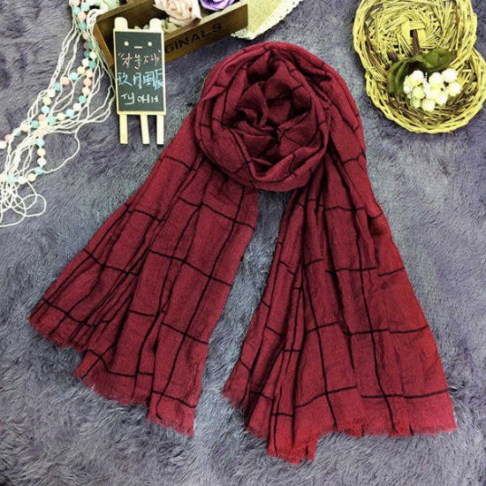 Women Ladies Cotton Linen Blank Grid Scarves Tassel Warm Long Shawls