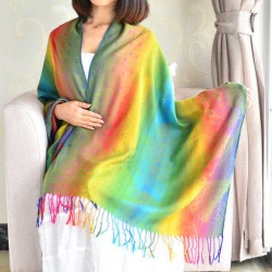 Women Ladies Cotton Mixed Color Feather Printed Tassel Scarves Colorful Stole Shawl Wrap Scarf