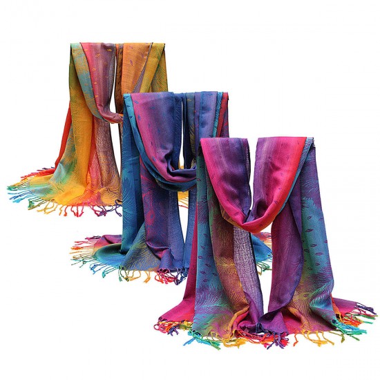 Women Ladies Cotton Mixed Color Feather Printed Tassel Scarves Colorful Stole Shawl Wrap Scarf