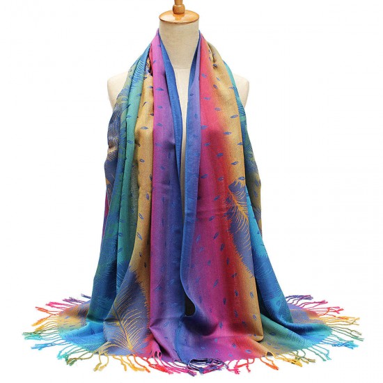 Women Ladies Cotton Mixed Color Feather Printed Tassel Scarves Colorful Stole Shawl Wrap Scarf