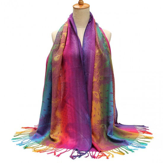 Women Ladies Cotton Mixed Color Feather Printed Tassel Scarves Colorful Stole Shawl Wrap Scarf