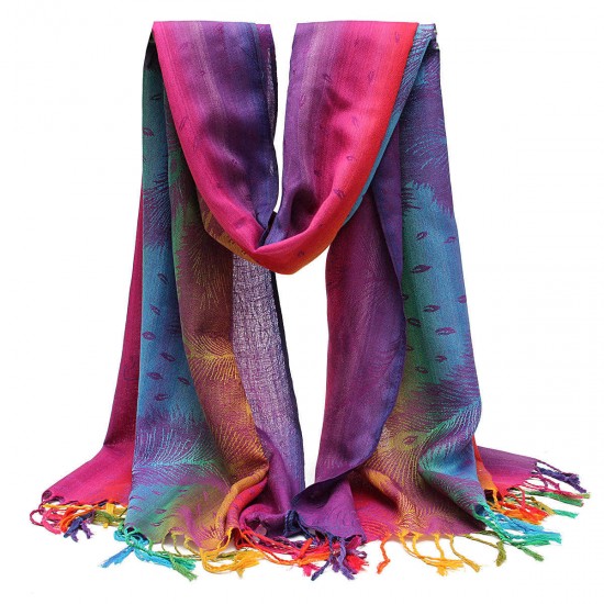 Women Ladies Cotton Mixed Color Feather Printed Tassel Scarves Colorful Stole Shawl Wrap Scarf