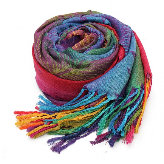 Women Ladies Cotton Mixed Color Feather Printed Tassel Scarves Colorful Stole Shawl Wrap Scarf