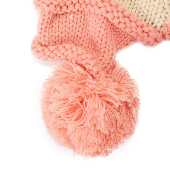 Women Ladies Crochet Knitted Big Ball Mixed Color Ear Muff Beanie Cap Earflap Winter Hat