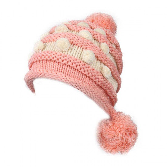 Women Ladies Crochet Knitted Big Ball Mixed Color Ear Muff Beanie Cap Earflap Winter Hat