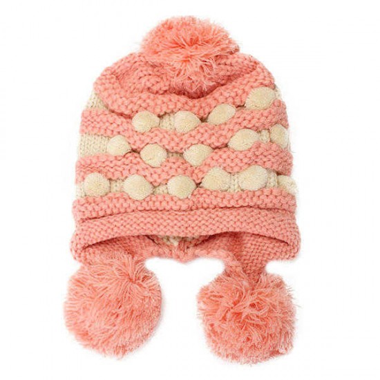 Women Ladies Crochet Knitted Big Ball Mixed Color Ear Muff Beanie Cap Earflap Winter Hat