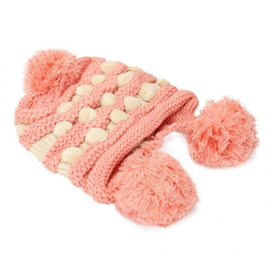 Women Ladies Crochet Knitted Big Ball Mixed Color Ear Muff Beanie Cap Earflap Winter Hat