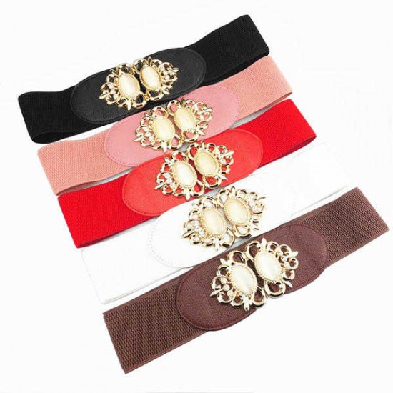 Women Ladies Elastic Stretch Waistband Metal Button Diamond Waist Belt