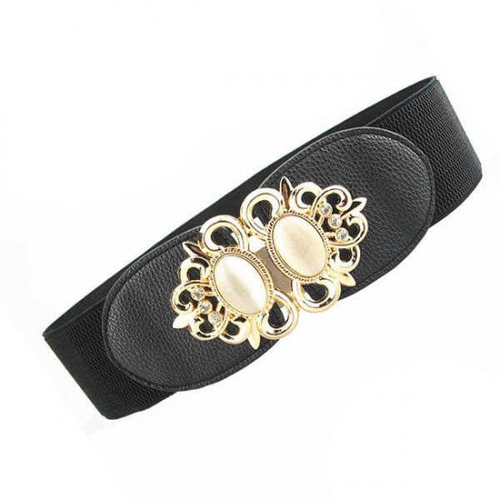 Women Ladies Elastic Stretch Waistband Metal Button Diamond Waist Belt