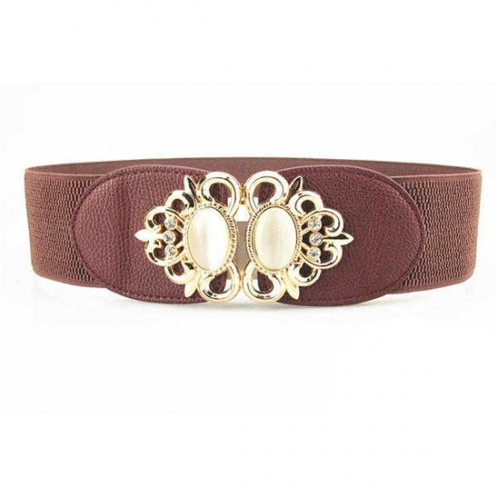 Women Ladies Elastic Stretch Waistband Metal Button Diamond Waist Belt