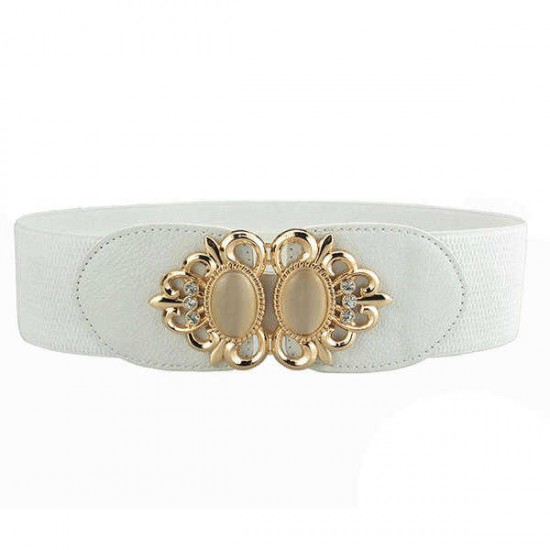 Women Ladies Elastic Stretch Waistband Metal Button Diamond Waist Belt