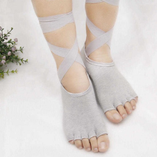 Women Ladies Five Finger Toes Yoga Socks Ballet Sports Lace Non-Slip Exposed Instep Yoga Socks