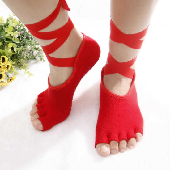 Women Ladies Five Finger Toes Yoga Socks Ballet Sports Lace Non-Slip Exposed Instep Yoga Socks