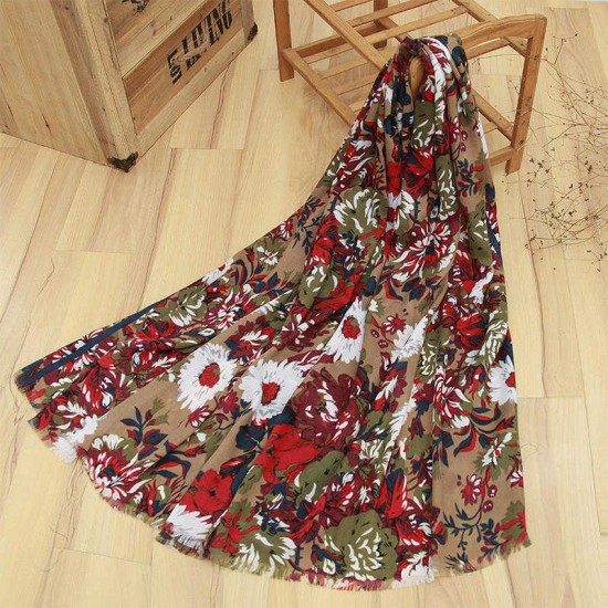 Women Ladies Peony Flower Printed Cotton Scarves Floral Tassel Warm Long Shawls