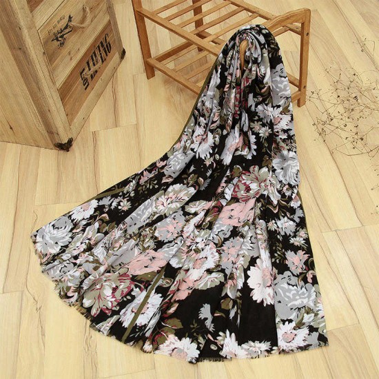 Women Ladies Peony Flower Printed Cotton Scarves Floral Tassel Warm Long Shawls