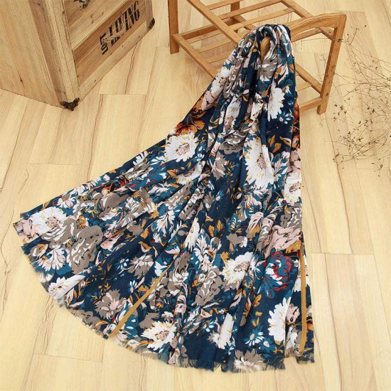 Women Ladies Peony Flower Printed Cotton Scarves Floral Tassel Warm Long Shawls