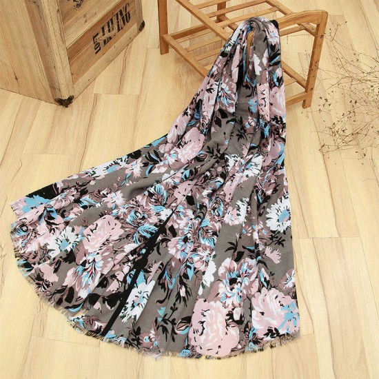 Women Ladies Peony Flower Printed Cotton Scarves Floral Tassel Warm Long Shawls