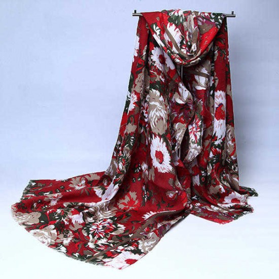 Women Ladies Peony Flower Printed Cotton Scarves Floral Tassel Warm Long Shawls