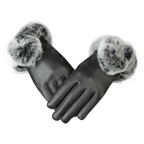 Women Ladies Rabbit Fur Artificial Leather Screen Touch Windproof Gloves Dacron Linen Mittens