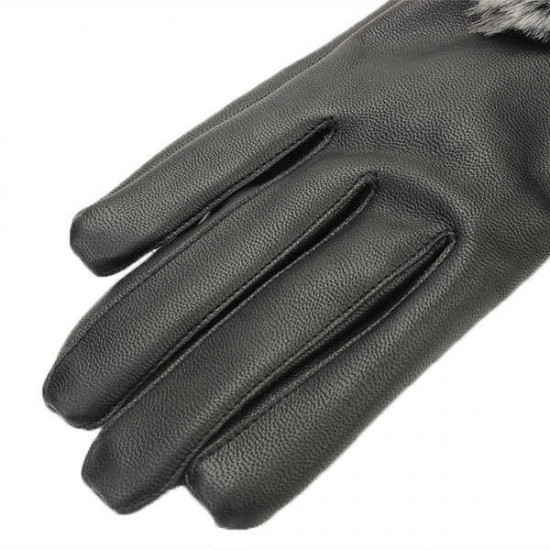 Women Ladies Rabbit Fur Artificial Leather Screen Touch Windproof Gloves Dacron Linen Mittens