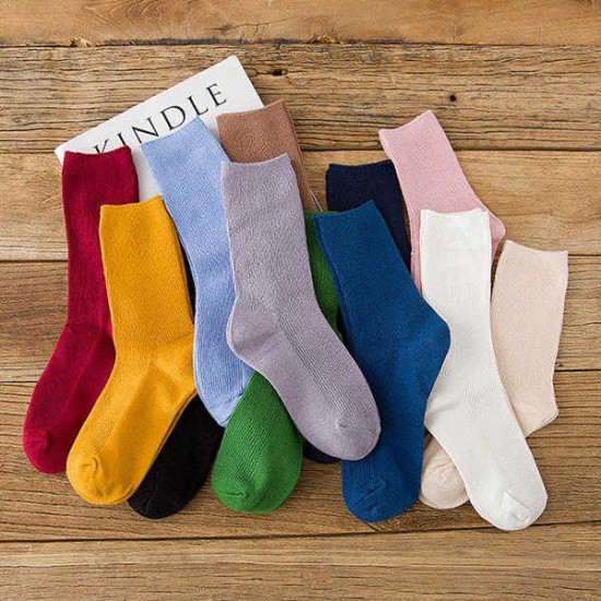 Women Ladies Solid Cotton Middle Socks Casual Soft Breathable Sock